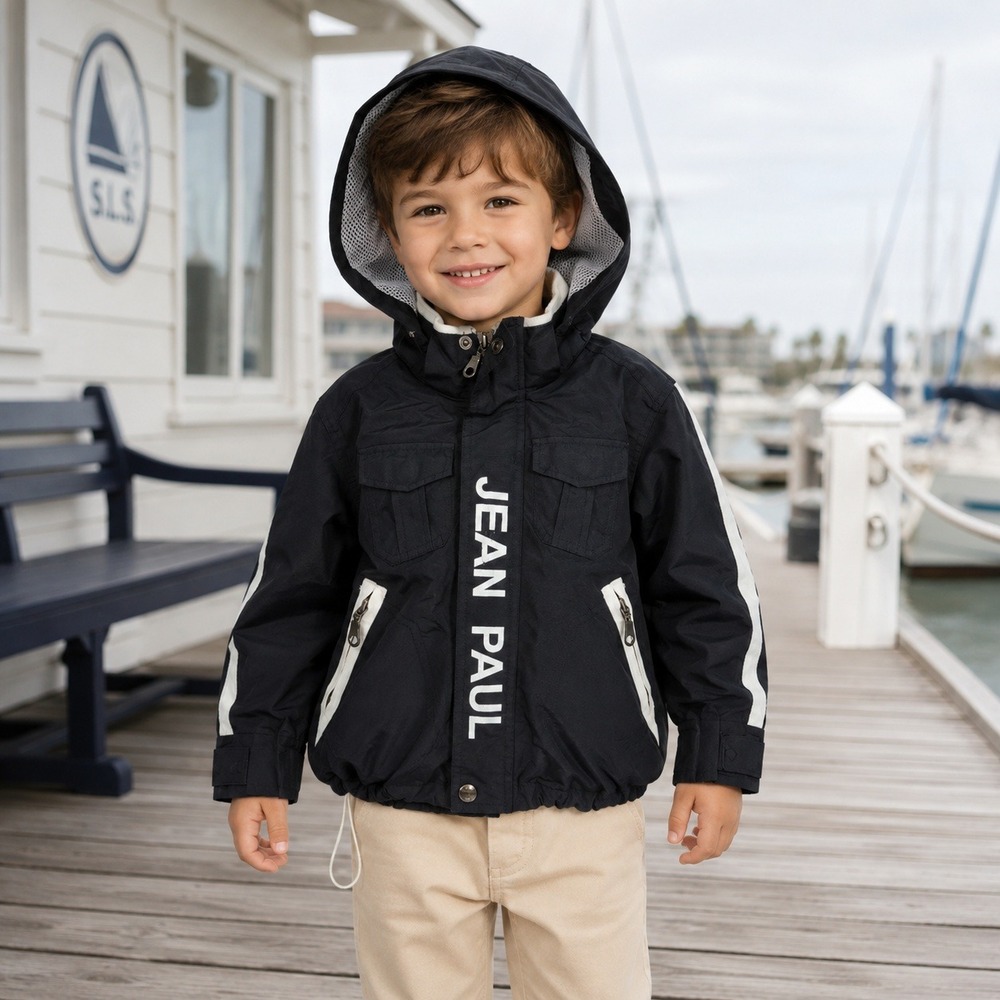Jean Paul Jeune Boys 4 Black Sailing Jacket Hooded Lightweight Windbreaker